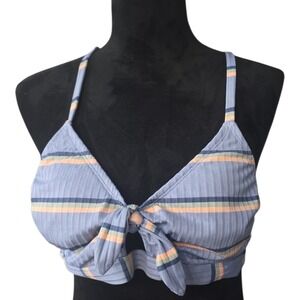 Xhilaration Womens Blue Striped Ribbed Tie Front Bikini Top D/DD Cross Back